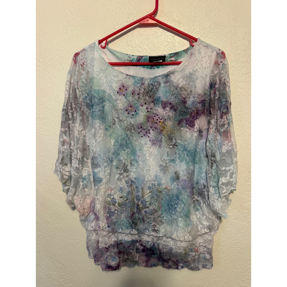 Brittany Black Floral Lace Rhinestone Blouse Blue Purple Large Made in USA